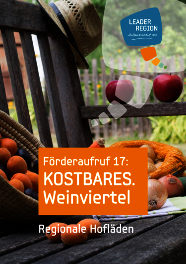 Sujet 17. Förderaufruf KOSTBARES Weinviertel, Obst auf einer Bank mit Weinviertelhut und Beschriftung "Regionale Einkaufsmöglichkeiten"