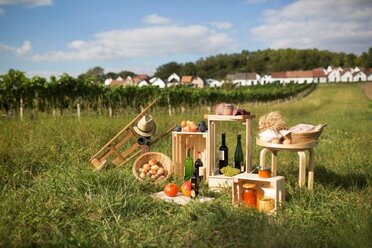 Regionale Produkte aus dem Weinviertel die auf Holzkisten aufgesellt sind, im Hintergrund ist die Kellergassen Galgenberg in Wildendürnbach zu sehen