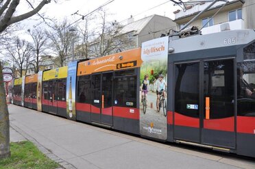 Eine Straßenbahn in Wien auf der Werbetafeln von Weinviertler Betrieben angebracht sind.