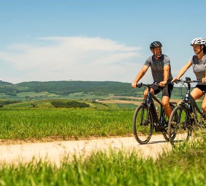 Eine Radfahrerin und ein Radfahrer fahren auf einem Radweg zwischen Feldern, im Hintergrund ist der Buschberg zu sehen.