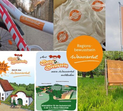 Bildcollage über Brandingartikel zum Regionsbewusstsein Weinviertel (Weinviertel-Aufkleber auf einem Fahrrad, Babybodies mit Weinviertel Schriftzug, Weinviertel-Fahne, Kindermagazin mit Betty Bernstein, Weinviertel Liegestuhl)