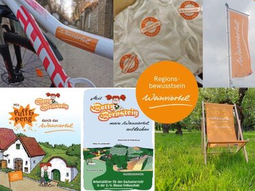 Bildcollage über Brandingartikel zum Regionsbewusstsein Weinviertel (Weinviertel-Aufkleber auf einem Fahrrad, Babybodies mit Weinviertel Schriftzug, Weinviertel-Fahne, Kindermagazin mit Betty Bernstein, Weinviertel Liegestuhl)